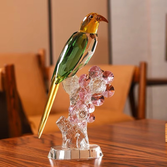Crystal Parrot Glass Ornament - Green and Yellow Bird Sculpture Home Decor